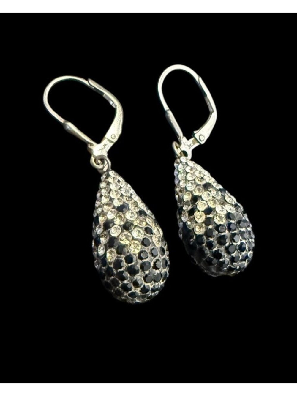 JCM 925 Sterling Silver Black Clear CZ Ombre Pave Teardrop Leverback Earrings